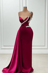 Fashionable Long Burgundy Mermaid One Shoulder Beading Satin Prom Evening Dresses