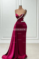 Fashionable Long Burgundy Mermaid One Shoulder Beading Satin Prom Evening Dresses