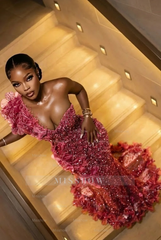 Fashionable Long Burgundy Mermaid One Shoulder Sleeveless Beaded Evening Dress with Appliques