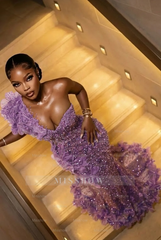 Fashionable Long Burgundy Mermaid One Shoulder Sleeveless Beaded Evening Dress with Appliques