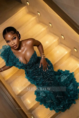 Fashionable Long Burgundy Mermaid One Shoulder Sleeveless Beaded Evening Dress with Appliques