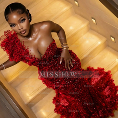 Fashionable Long Burgundy Mermaid One Shoulder Sleeveless Beaded Evening Dress with Appliques