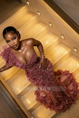 Fashionable Long Burgundy Mermaid One Shoulder Sleeveless Beaded Evening Dress with Appliques