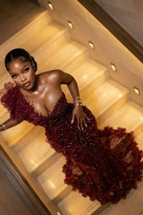 Fashionable Long Burgundy Mermaid One Shoulder Sleeveless Beaded Evening Dress with Appliques