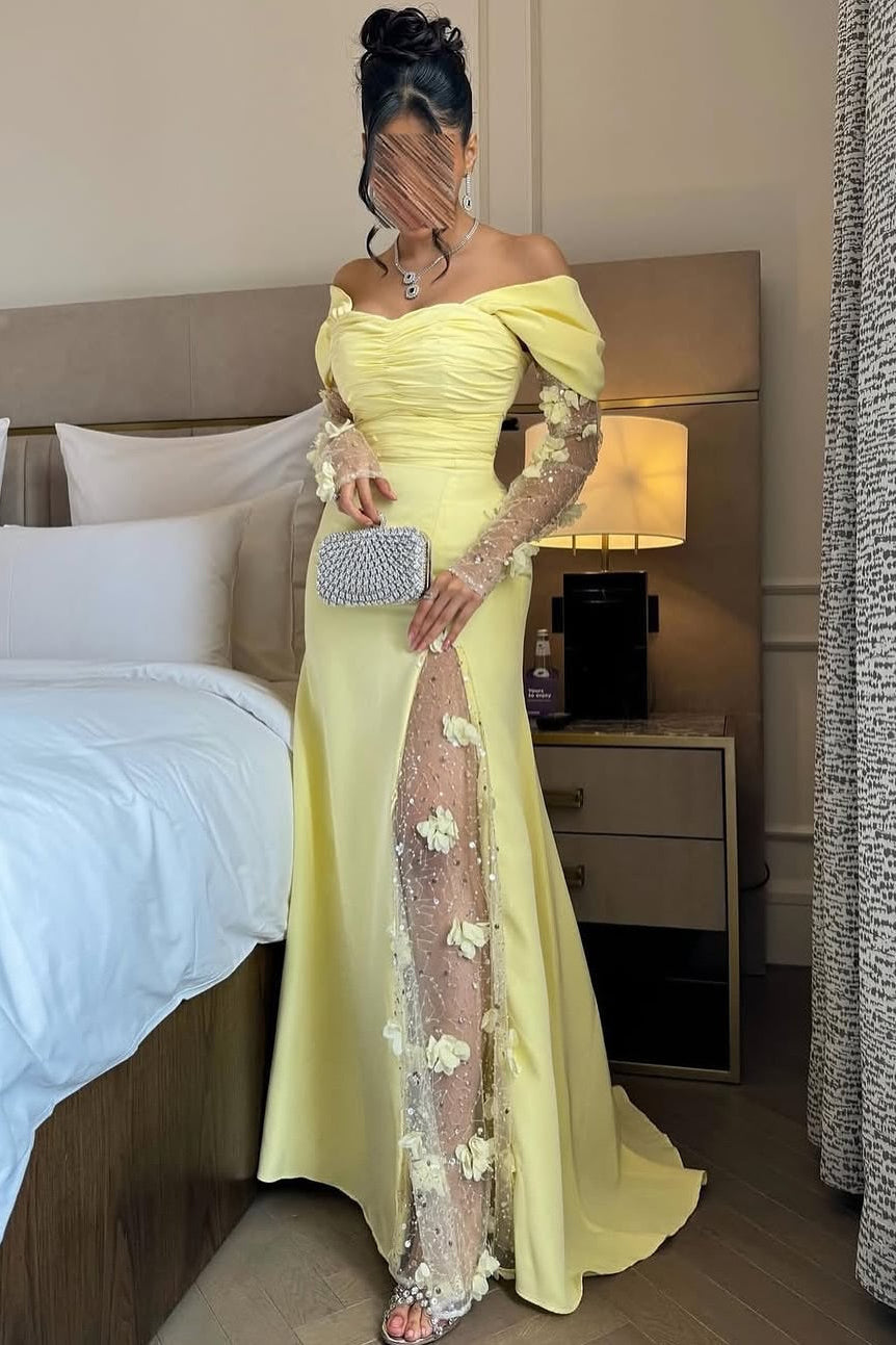 Fashionable Long Daffodil Mermaid Off-The-Shoulder Long-Sleeve Evening Dress with Slit and 3D Flowers