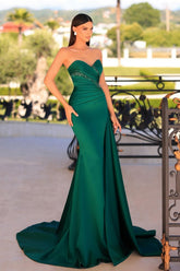 Fashionable Long Dark Green Mermaid Sleeveless Beading Satin Prom Evening Dresses