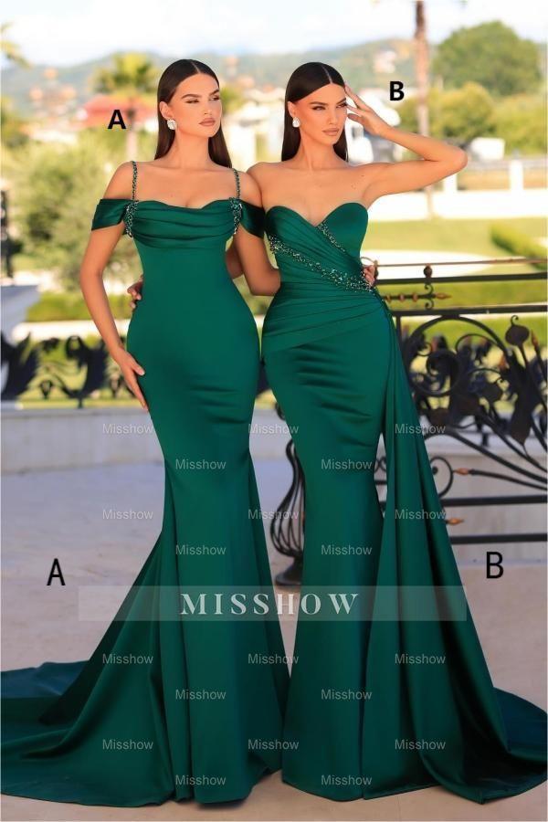 Fashionable Long Dark Green Mermaid Sleeveless Beading Satin Prom Evening Dresses