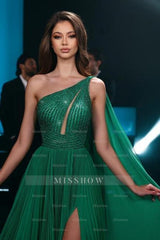 Fashionable Long Emerald A-line One Shoulder Chiffon Beading Prom Evening Dresses with Slit