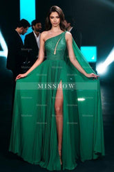 Fashionable Long Emerald A-line One Shoulder Chiffon Beading Prom Evening Dresses with Slit