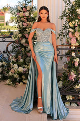Fashionable Long Mermaid Off-the-shoulder Sleeveless Prom Evening Dresses with Glitter