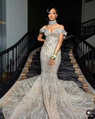 Fashionable Long Off-The-Shoulder Sleeveless Mermaid Prom Dress with Appliques and Rhinestones