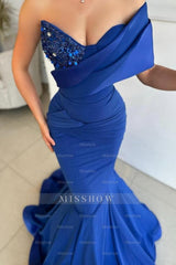 Fashionable Long Royal Blue Mermaid One Shoulder Sequined Sleeveless Prom Evening Dresses