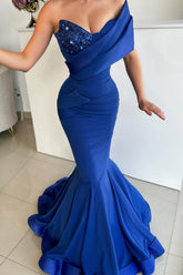 Fashionable Long Royal Blue Mermaid One Shoulder Sequined Sleeveless Prom Evening Dresses