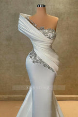 Fashionable Long White One Shoulder Mermaid Lace Satin Prom Evening Dresses with Rhinestones