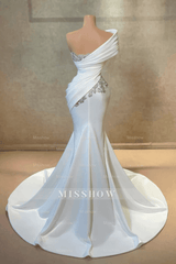 Fashionable Long White One Shoulder Mermaid Lace Satin Prom Evening Dresses with Rhinestones