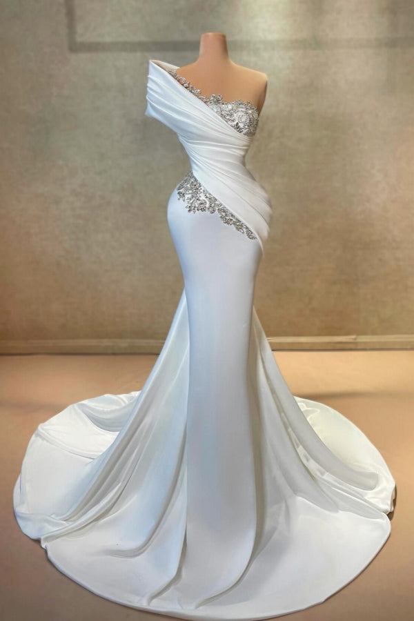 Fashionable Long White One Shoulder Mermaid Lace Satin Prom Evening Dresses with Rhinestones