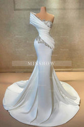 Fashionable Long White One Shoulder Mermaid Lace Satin Prom Evening Dresses with Rhinestones
