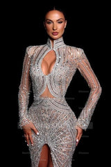 Fashionable Mermaid High-Neck Beaded Sequined Long Sleeve Split Front Prom Dress With Rhinestones