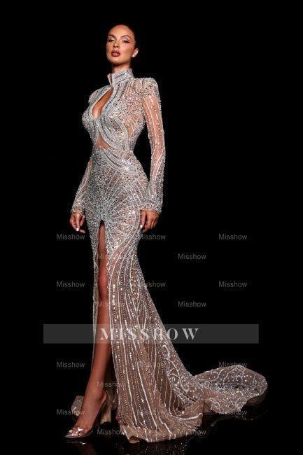 Fashionable Mermaid High-Neck Beaded Sequined Long Sleeve Split Front Prom Dress With Rhinestones