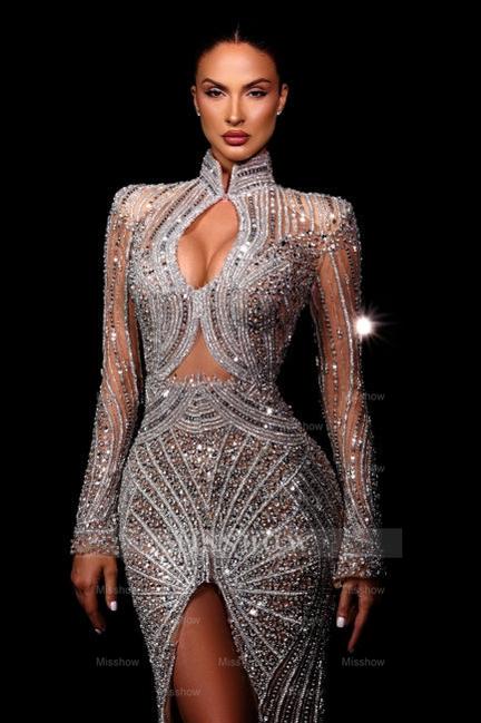 Fashionable Mermaid High-Neck Beaded Sequined Long Sleeve Split Front Prom Dress With Rhinestones