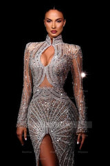 Fashionable Mermaid High-Neck Beaded Sequined Long Sleeve Split Front Prom Dress With Rhinestones