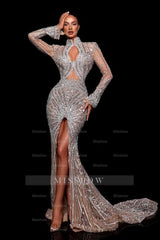 Fashionable Mermaid High-Neck Beaded Sequined Long Sleeve Split Front Prom Dress With Rhinestones