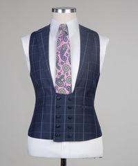 Fashionable Navy Plaid Slim Fit Tailored Business Men’s Suit