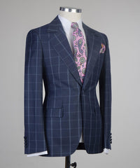 Fashionable Navy Plaid Slim Fit Tailored Business Men’s Suit
