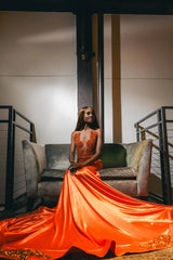 Fashionable Orange Sleeveless Mermaid Prom Dress With Beadings