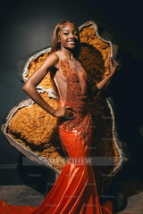 Fashionable Orange Sleeveless Mermaid Prom Dress With Beadings