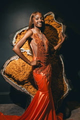 Fashionable Orange Sleeveless Mermaid Prom Dress With Beadings