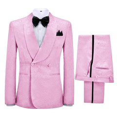 Fashionable Pink Jacquard Shawl Collar Double-Breasted Wedding Suit