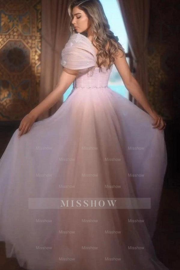 Fashionable Pink One Shoulder Sleeveless A-Line Prom Dress with Sequins and Slit