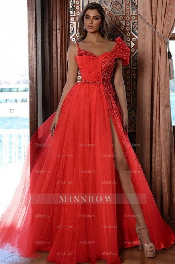Fashionable Pink One Shoulder Sleeveless A-Line Prom Dress with Sequins and Slit