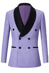 Fashionable Purple Double Breasted Jacquard Groom's Suit With Black Velvet Collar