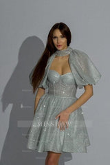 Fashionable Short Silver Glitter Homecoming Dresses with Short Sleeves