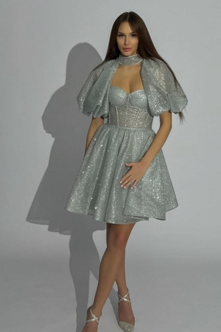 Fashionable Short Silver Glitter Homecoming Dresses with Short Sleeves