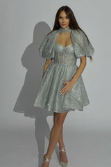 Fashionable Short Silver Glitter Homecoming Dresses with Short Sleeves