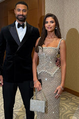 Fashionable Silver Sleeveless Square Neck Lace Mermaid Evening Dress with Rhinestones