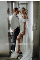 Fashionable White A-Line Off-the-shoulder Split Front Lace-up Long Wedding Dress Panel Train