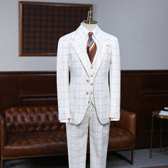 Fashionable White Plaid Three Pieces Notched Lapel Slim Fit Suit