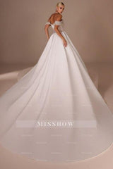 Fashionable White Strapless Beaded Off-The-Shoulder Long Panel Train Satin Wedding Dress with Rhinestones