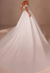 Fashionable White Strapless Beaded Off-The-Shoulder Long Panel Train Satin Wedding Dress with Rhinestones