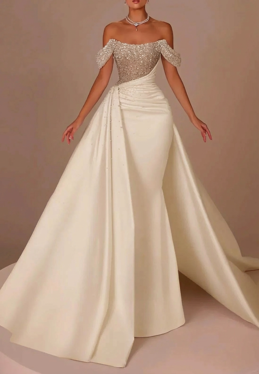 Fashionable White Strapless Beaded Off-The-Shoulder Long Panel Train Satin Wedding Dress with Rhinestones