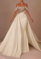 Fashionable White Strapless Beaded Off-The-Shoulder Long Panel Train Satin Wedding Dress with Rhinestones