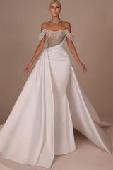 Fashionable White Strapless Beaded Off-The-Shoulder Long Panel Train Satin Wedding Dress with Rhinestones