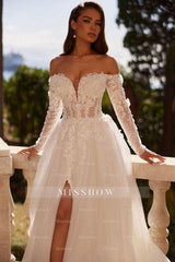 Fashionable White Sweetheart A-Line Off-The-Shoulder Long Sleeve Split Front Tulle Wedding Dresses With Appliques And Handmake Flowers