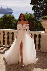 Fashionable White Sweetheart A-Line Off-The-Shoulder Long Sleeve Split Front Tulle Wedding Dresses With Appliques And Handmake Flowers