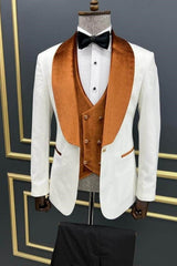 Fashionable White Three-Piece Wedding Suit With Brown Shawl Collar