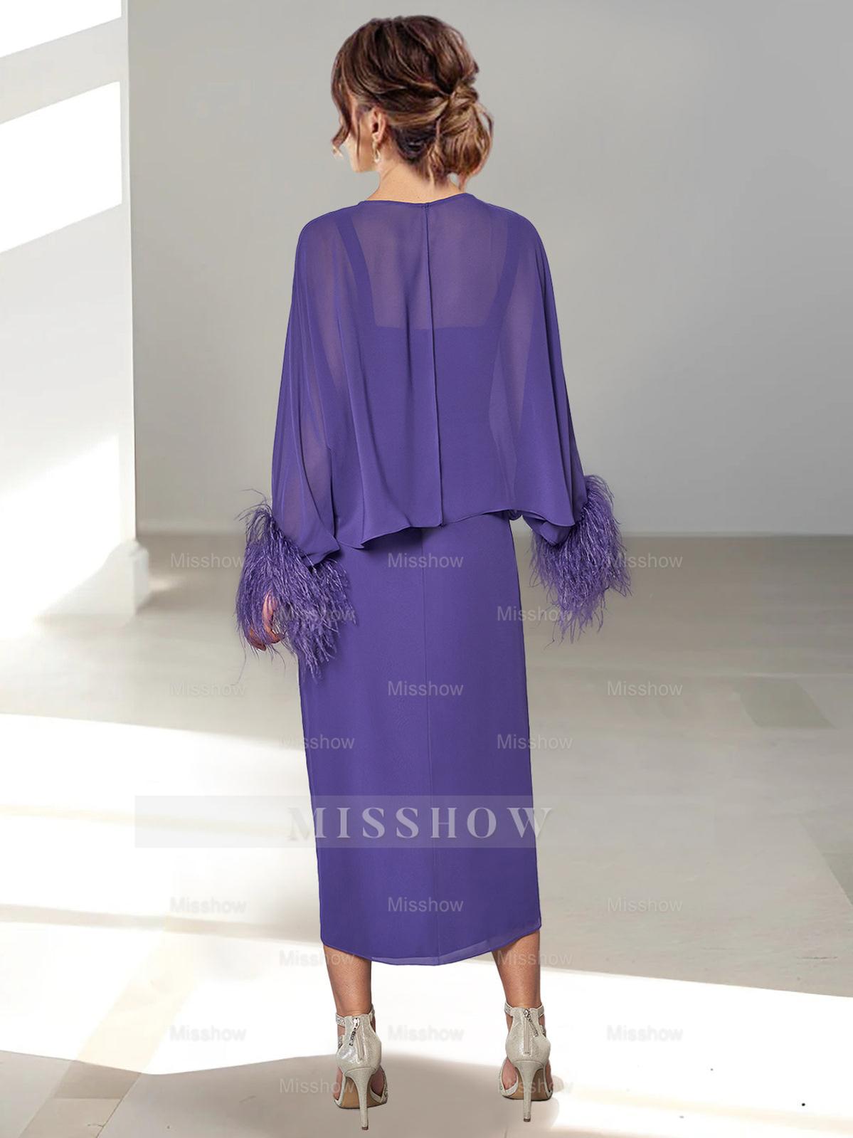 Feathered Jacket Tea-Length Mother of the Bride A-Line/Princess Dresses